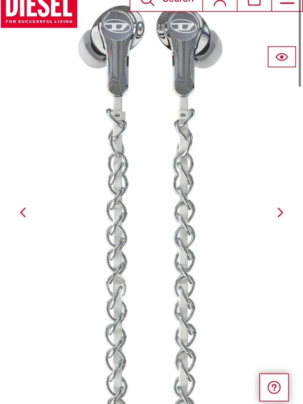 Diesel Silver Charm Chain Earphone Necklace with White Cable and Inline Control